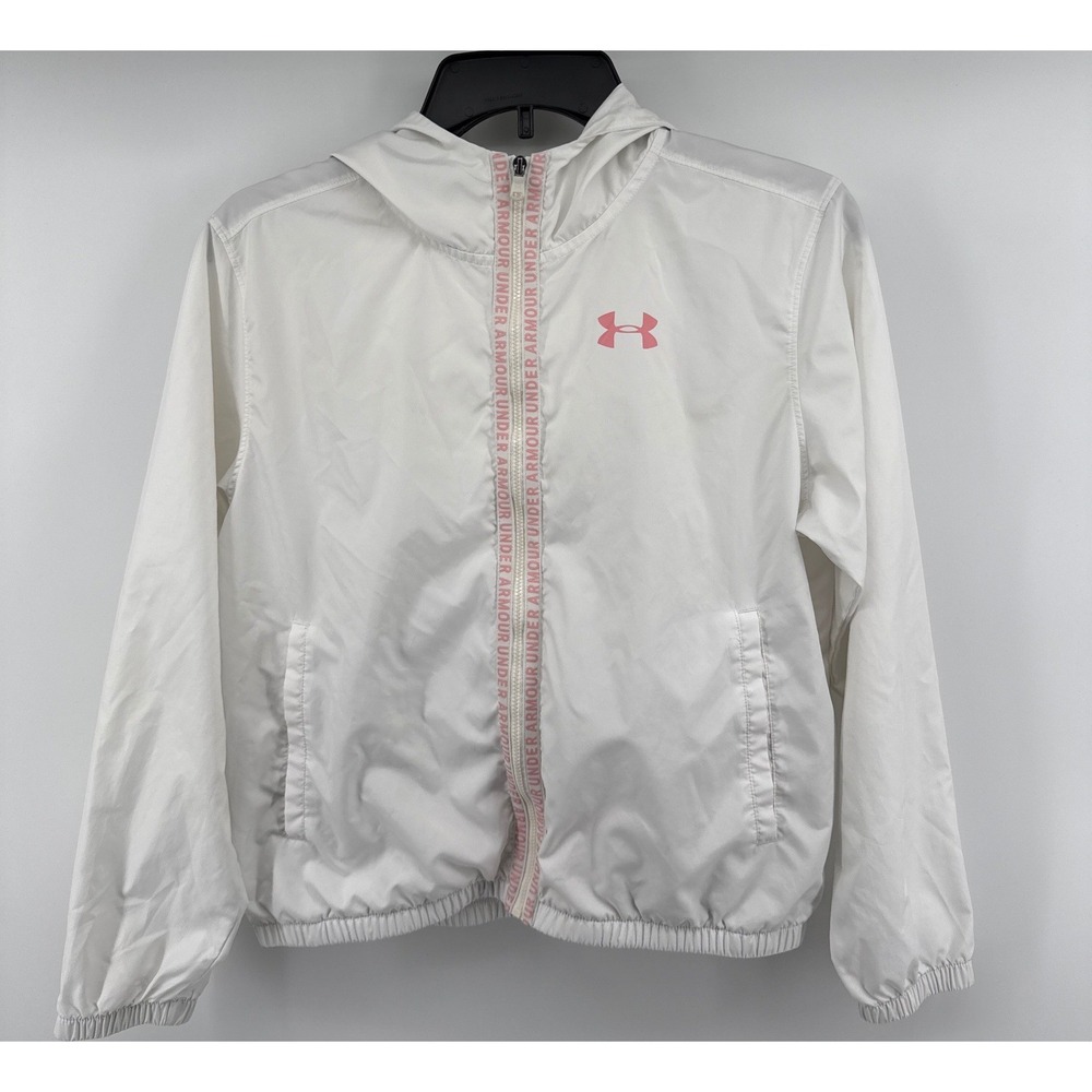 Under Armour Girls White Pink Full Zip Hooded Windbreaker Jacket Size YLG Large